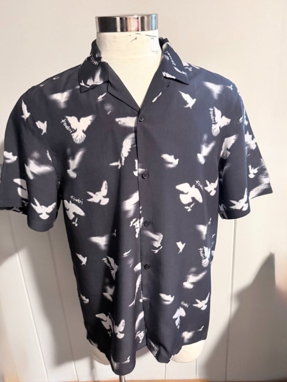 KSUBI Men's Black Bird Print Camp Collar Button-Up Shirt – Size Large